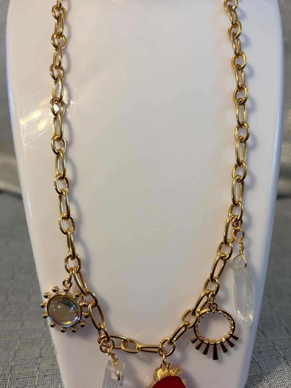 J Crew Gold-Tone Charm Necklace with Red Agate and Blue Crystal Charms - Picture 2 of 5